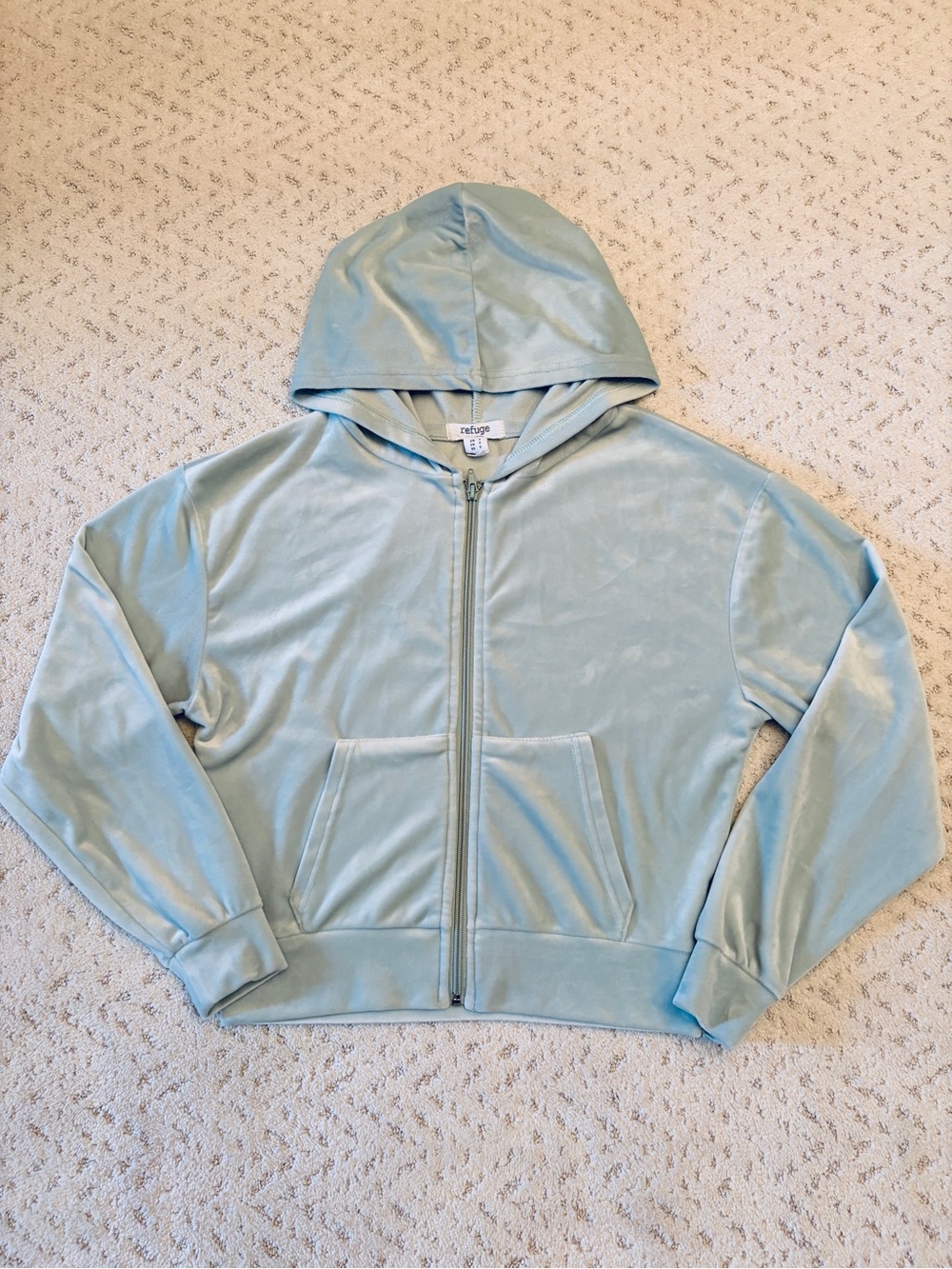Refuge Mint Green Velour Velvet Zip Up Hoodie Jacket Size S Cropped Soft